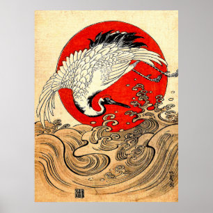 ROTE SONNE, JAPANISCHER FLIEGENDER KRANICH UND MEE POSTER