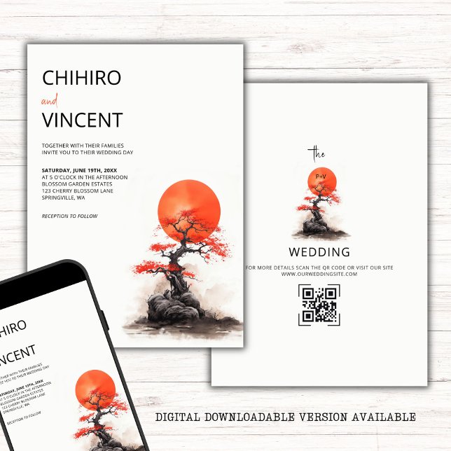 Rote Sonne und alte Sakura Hochzeit Einladung (Von Creator hochgeladen)