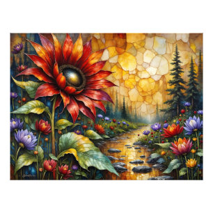 Rote Sonnenblume im Tal am Bach Fotodruck