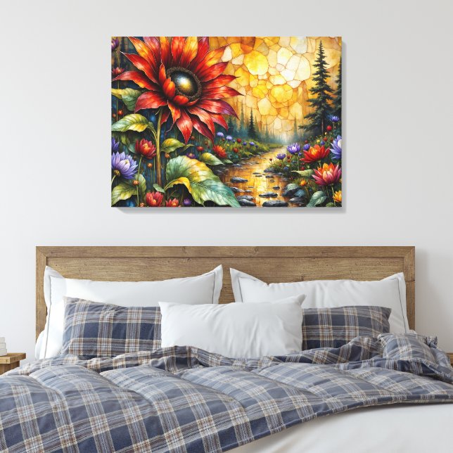 Rote Sonnenblume im Tal am Bach Leinwanddruck (Insitu (Schlafzimmer))