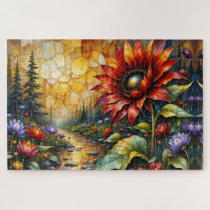 Rote Sonnenblume im Tal am Bach Puzzle