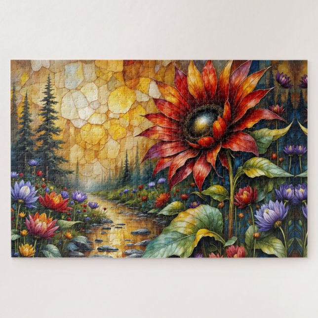 Rote Sonnenblume im Tal am Bach Puzzle (Horizontal)