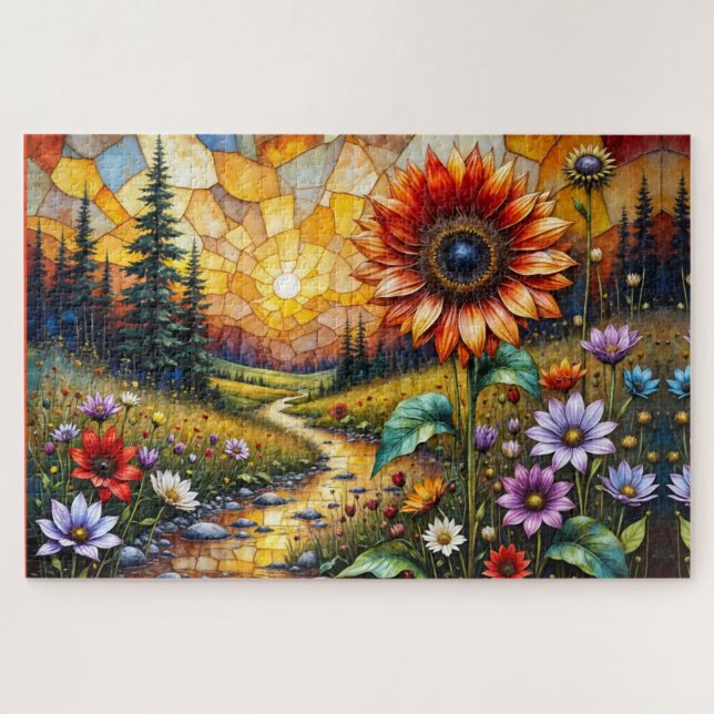 Rote Sonnenblume im Tal am Bach Puzzle (Horizontal)