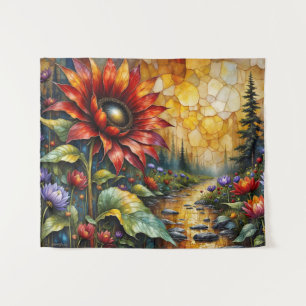 Rote Sonnenblume im Tal am Bach Wandteppich