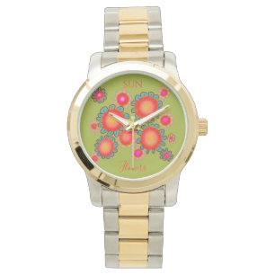 Rote Sonnenblumen Grüne Grafik  Armbanduhr