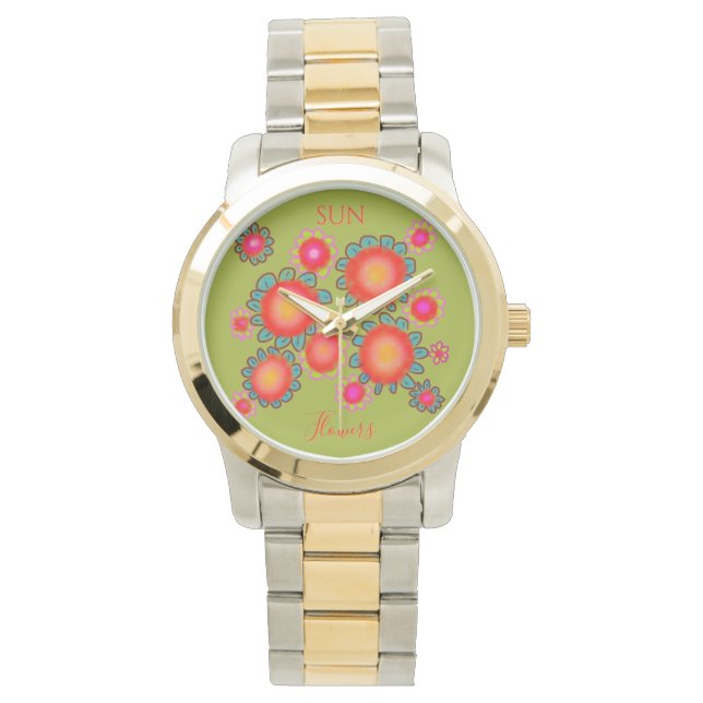 Rote Sonnenblumen Grüne Grafik  Armbanduhr (Vorderseite)