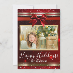 Rote Sparkle Chic Bow Glam Holiday Foto Card Feiertagskarte