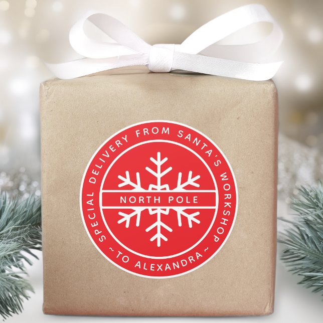 Rote Speziallieferung von Santa an Name Nordpol Runder Aufkleber (Von Creator hochgeladen)