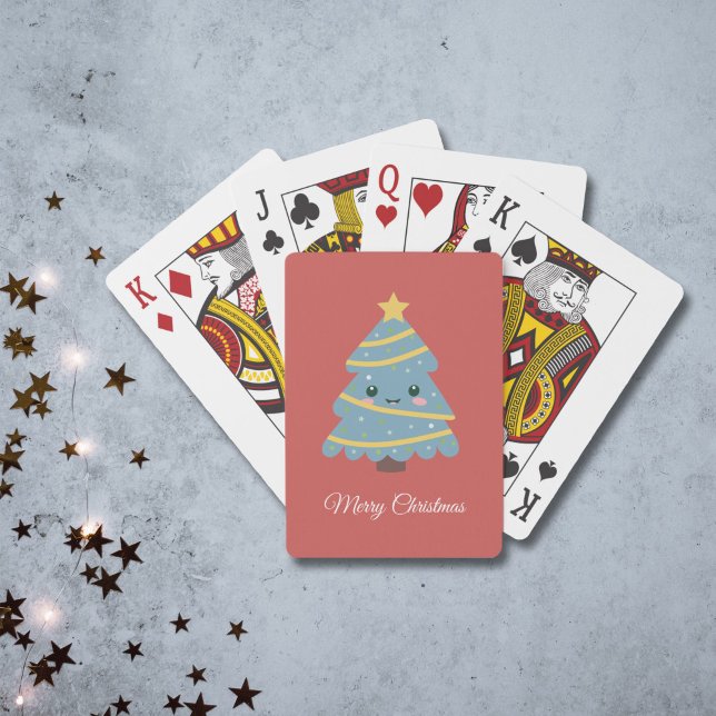 Rote Spielkarten mit Kawaii Weihnachtsbaum (Red Playing Cards with Kawaii Christmas Tree)