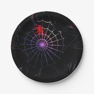 Rote Spinne in einem leuchtenden Netz Pappteller