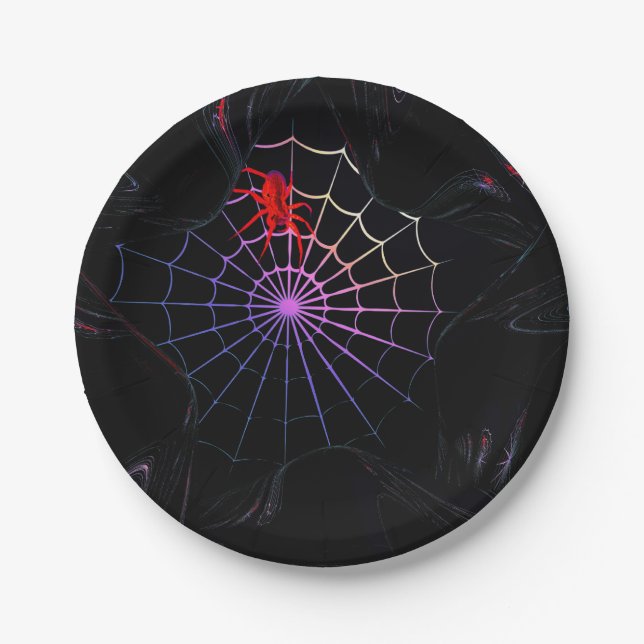 Rote Spinne in einem leuchtenden Netz Pappteller (Vorderseite)