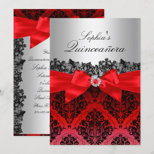 Rote Spitze Damast & Schleife Quinceanera Einladun Einladung