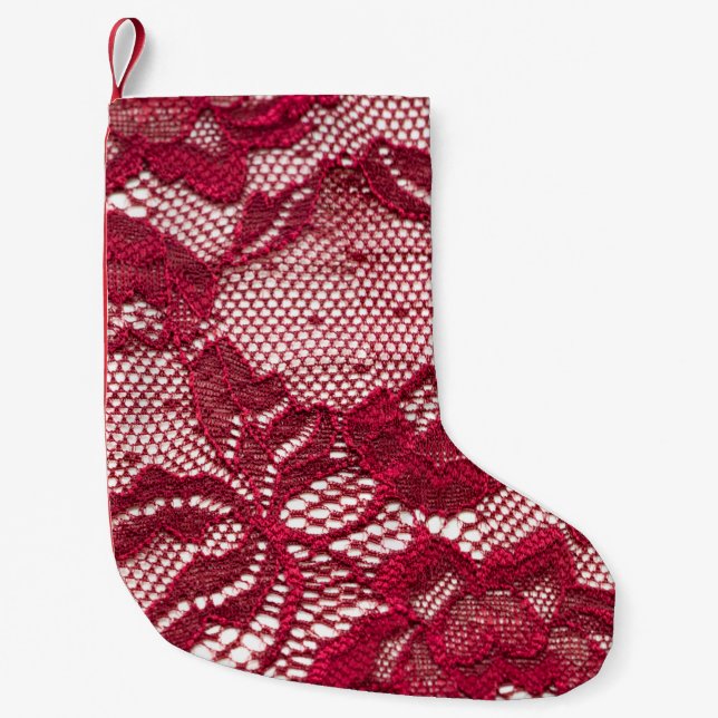 Rote Spitze: elastischer Jacquardtextil. Kleiner Weihnachtsstrumpf (Vorderseite)