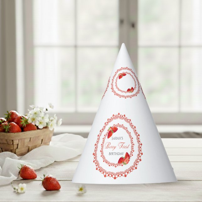 Rote Spitzen-Beere Erster Geburtstag  Partyhütchen (Red Lace Berry First Birthday Party Hat)