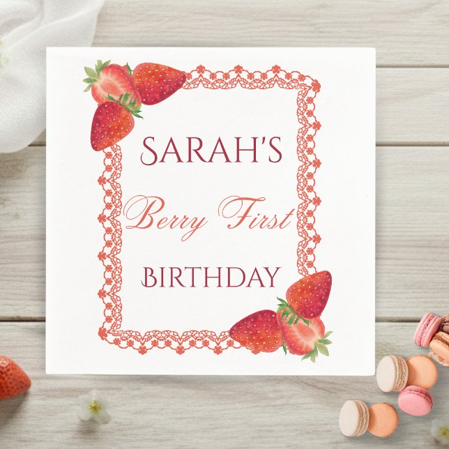 Rote Spitzen-Beere Erster Geburtstag  Serviette (Red Lace Berry First Birthday Napkins)