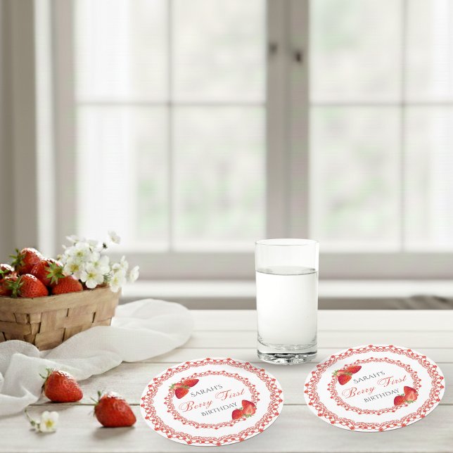 Rote Spitzenbeere Erster Geburtstag Runder Pappuntersetzer (Red Lace Berry First Birthday Round Paper Coaster)