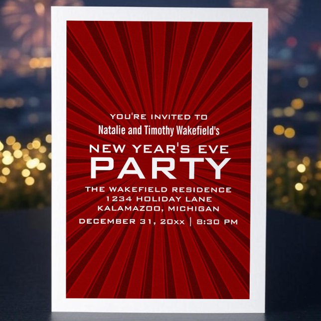 Rote Sternexplosion Streifen Neujahr Party laden e Einladung (Red Starburst Stripes New Years Party Invite)