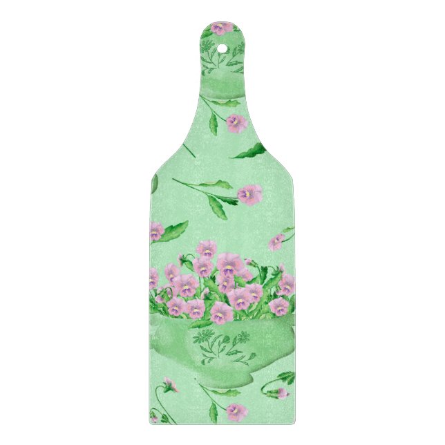 Rote Stiefmütterchen grüne Schüssel und Hintergrun Schneidebrett (Vorderseite)