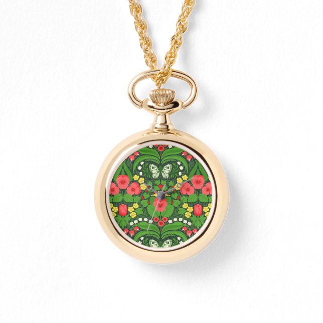 Rote Stiefmütterchen, Vögel und Schmetterlinge Armbanduhr (Vorderseite)
