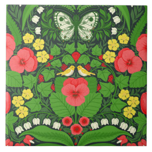 Rote Stiefmütterchen, Vögel und Schmetterlinge Fliese