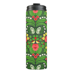 Rote Stiefmütterchen, Vögel und Schmetterlinge Thermosbecher