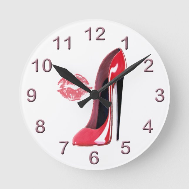 Rote Stilett-Schuh-und Kuss-Kunst-Uhr Runde Wanduhr (Vorderseite)