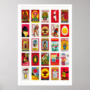 Rote Streichholzschachtel-Etiketten Collage, vinta Poster