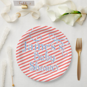 Rote Streifen & Hellblaues Band Baby Shower Pappteller