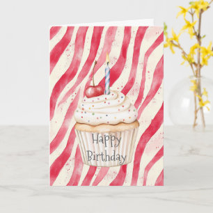 Rote Streifen Konfetti Cupcake Kirsche Oben Geburt Karte