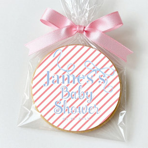 Rote Streifen und hellblaue Schleife Baby Shower Runder Aufkleber