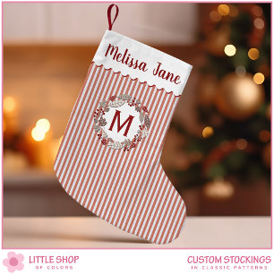 Rote Streifen-Weihnachtskranz-Monogramm Kleiner Weihnachtsstrumpf