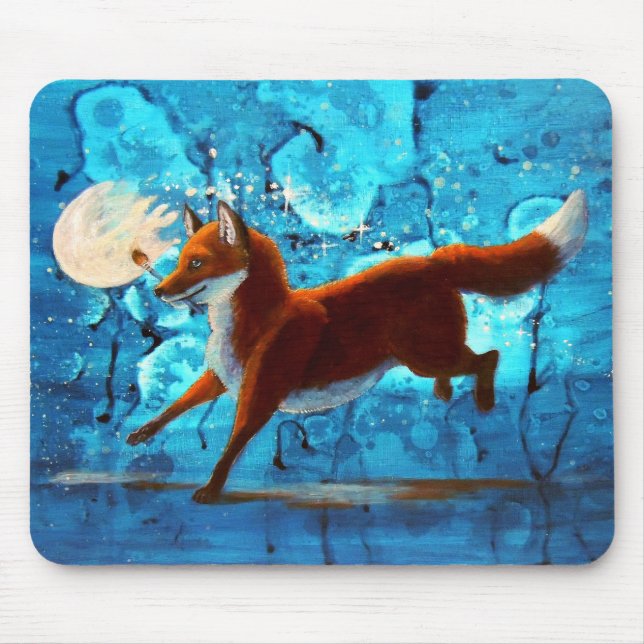 Rote surreale Fantasie Fox Kitsune auf blauem Mousepad (Vorne)