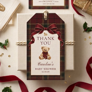 Rote Tartan-Teddybär-Baby-Shower-Geschenk-Tags Geschenkanhänger