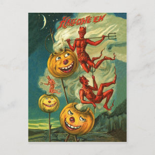 Rote Teufel reiten auf dem Rauch von Halloween-Kür Postkarte