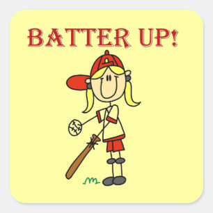 Rote Text Batter Up Mädchen Softball-Shirts und Ge Quadratischer Aufkleber