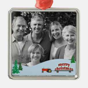 Rote Traktor-Foto-Weihnachtsverzierung Silbernes Ornament