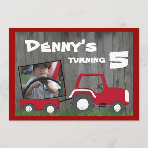Rote Traktor-Geburtstags-Einladung: Foto im Wagen Einladung