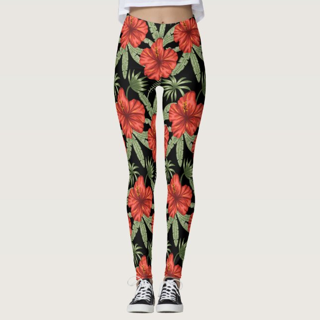 Rote tropische Blume nahtlose Muster grüne Blätter Leggings (Vorderseite)