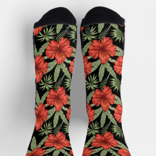 Rote tropische Blume nahtlose Muster grüne Blätter Socken