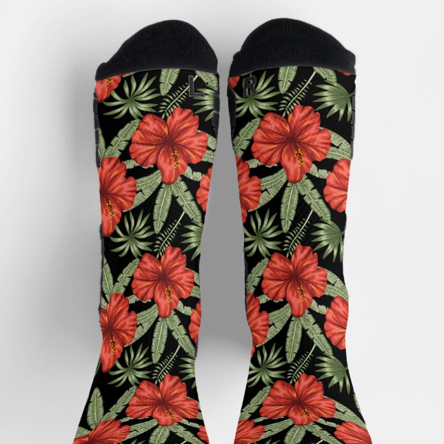 Rote tropische Blume nahtlose Muster grüne Blätter Socken (Oben)
