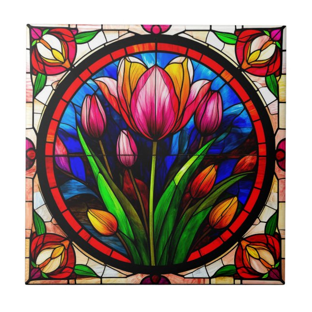 Rote Tulip und farbenfrohe Blumenmotive Fliese (Vorderseite)