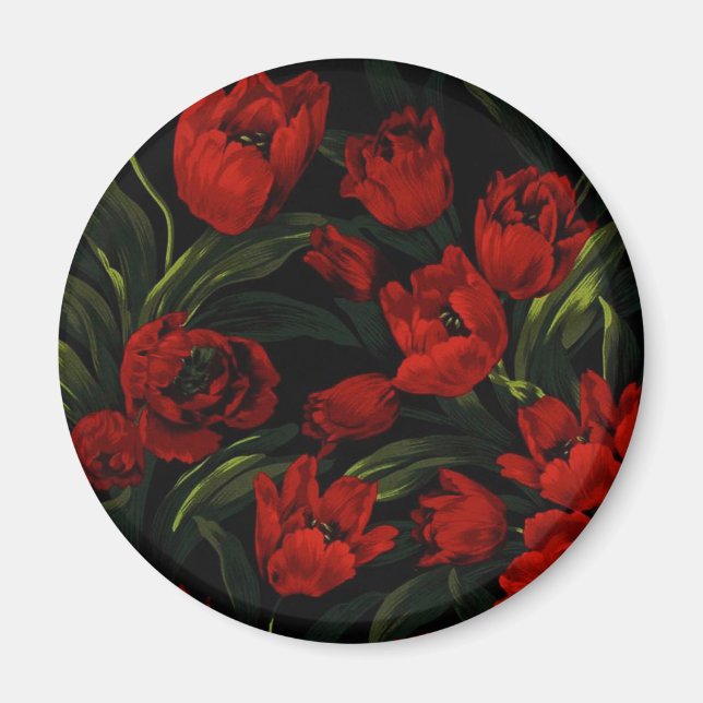 Rote Tulips auf schwarz Magnet (Vorne)