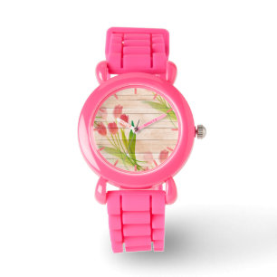 Rote Tulips im Hintergrund für sauberes Holz Armbanduhr