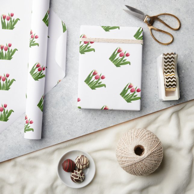 Rote Tulips mit Grün auf Weiß Geschenkpapier (Kunsthandwerk)