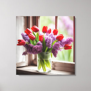 Rote Tulips und Lilacs im Fenster Leinwanddruck