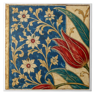 Rote Tulpe auf kobaltblauer floraler Kunst Fliese