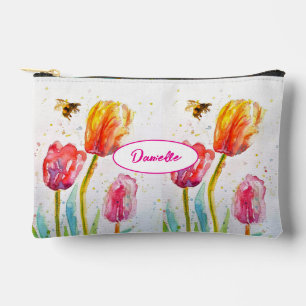 Rote Tulpe und Bienen-Blumenmuster-Watercolor-Mädc Zubehörtasche