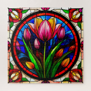 Rote Tulpe und farbenfrohe Blumenelemente Puzzle