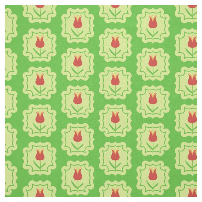 Rote Tulpen auf Grün - Retro Frühlingsblumenmuster Stoff (Muster)