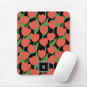 Rote Tulpen im Retro-Stil, personalisiertes Monogr Mousepad